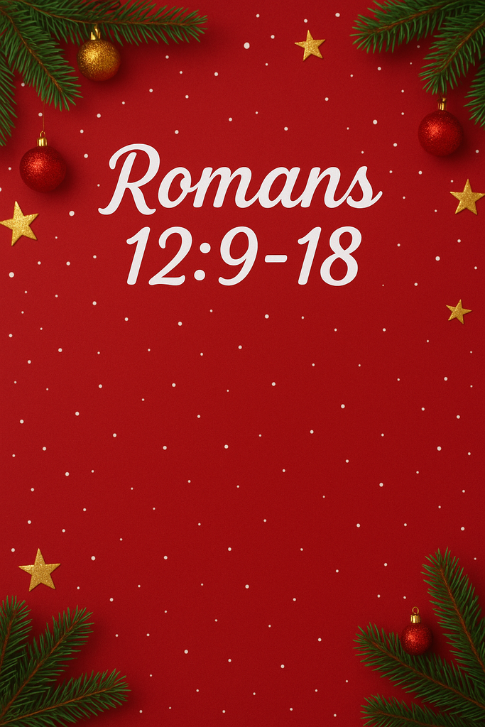 red background with evergreen limbs and ornaments