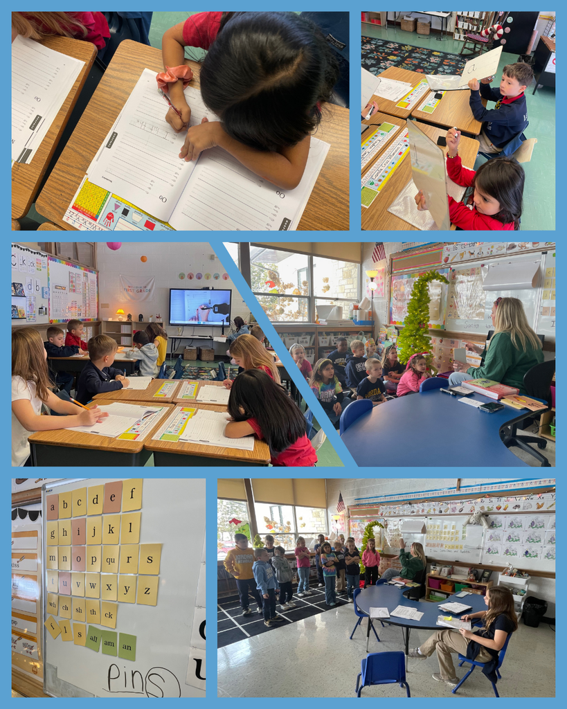 photo collage of students working at desks and tables
