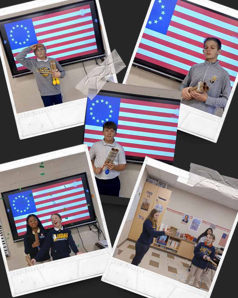 photo collage of students making muskets out of cardboard and balloons