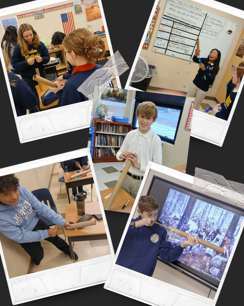 photo collage of students making muskets out of cardboard and balloons