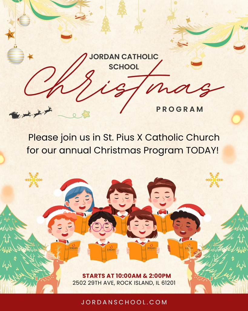 cartoon graphics of Christmas carolers, evergreen trees, and ornaments