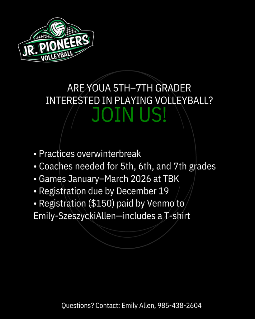 informational flier for Jr Pioneer volleyball