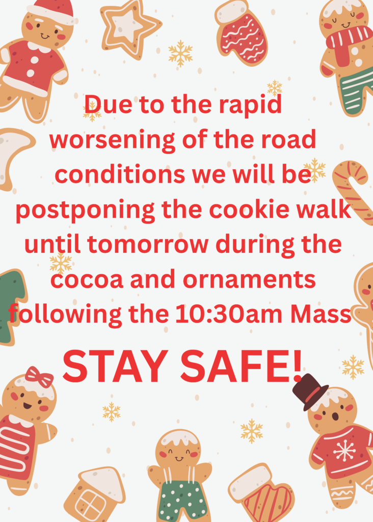 informational flier regarding postposed cookie walk with cartoon gingerbread people