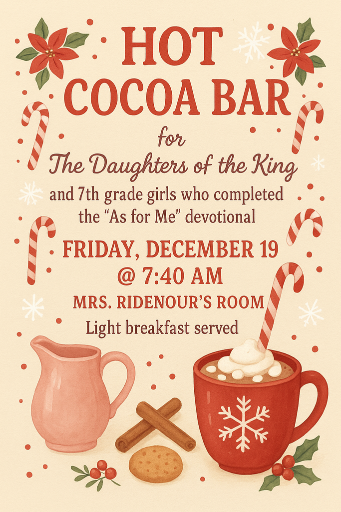 informational flier for Daughters of the King meeting with cartoon graphics of mugs and cookies