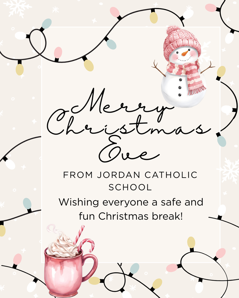 cartoon snowman in top right corner, cartoon hot cocoa mug in bottom left corner, holiday string lights throughout