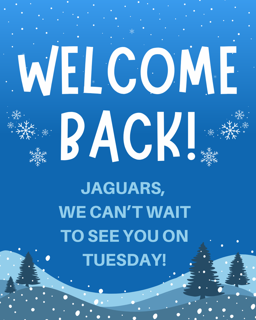 various shades of blue background with white snow flakes and evergreen tree outlines