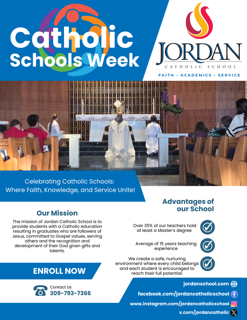 informational flier advertising JCS and Catholic Schools Week with an image of a priest on an altar