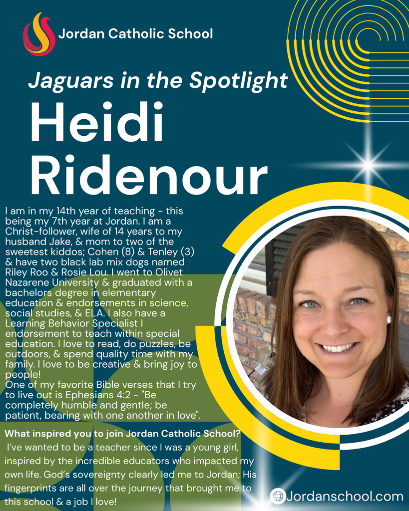 blue background with yellow accents and a photo of a JCS staff member