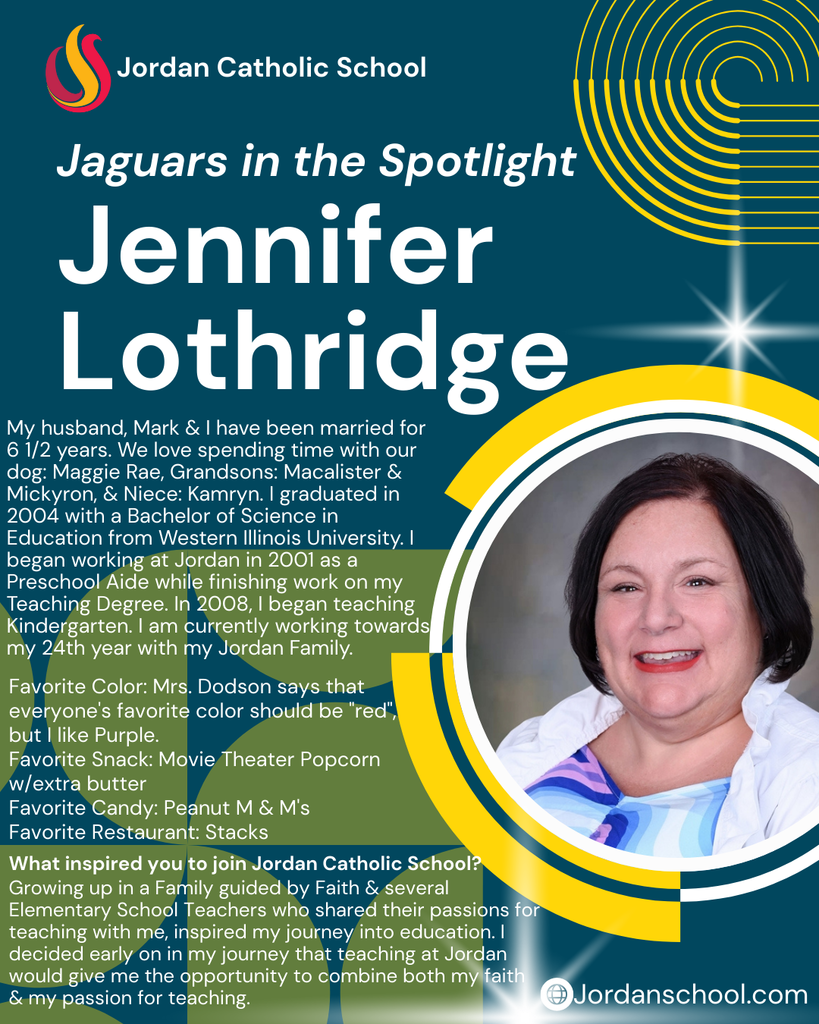 blue background with yellow accents and a photo of a JCS staff member