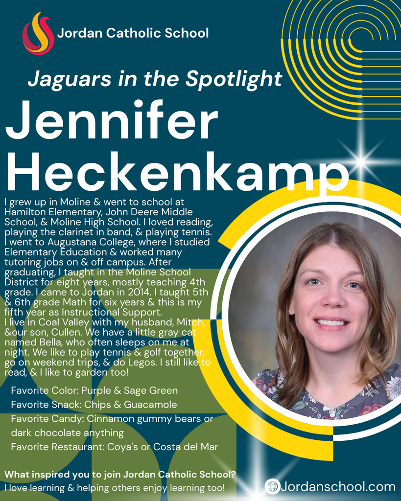 blue background with yellow accents and a photo of a JCS staff member