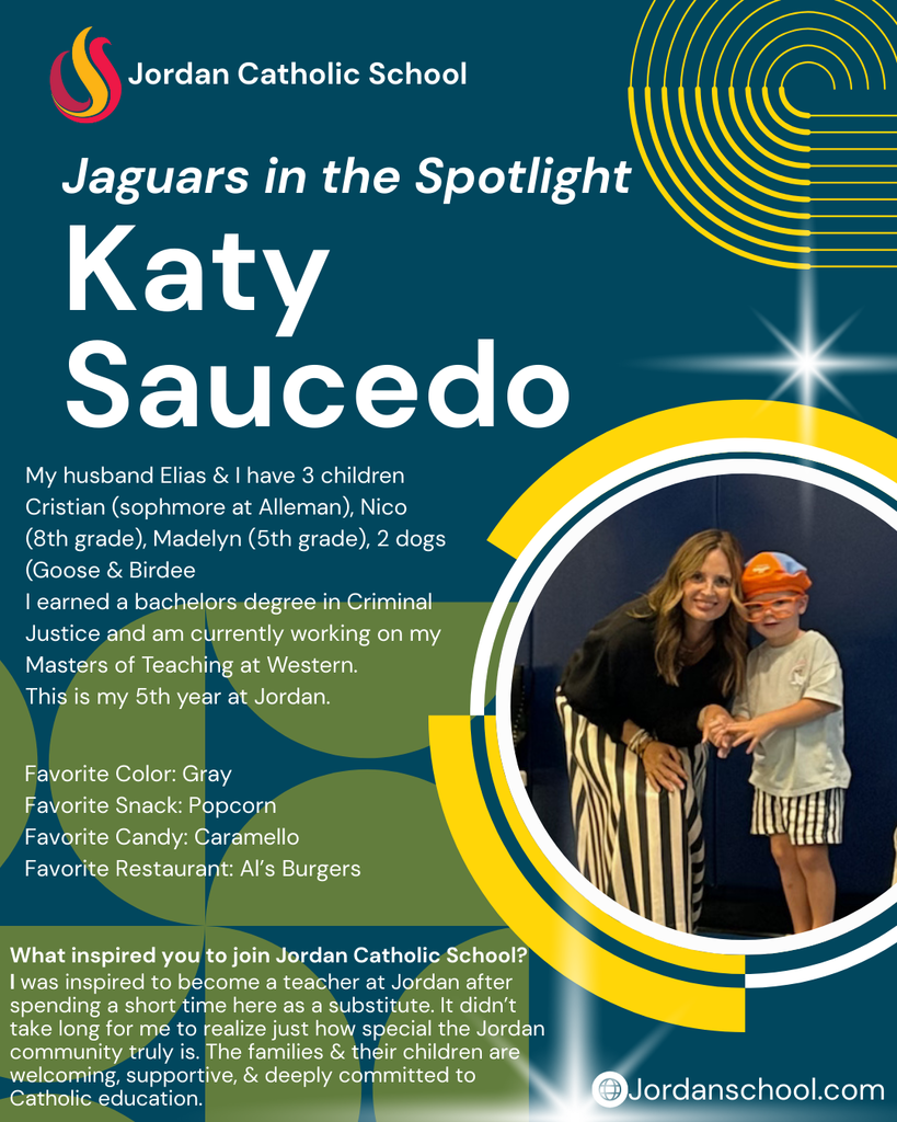 blue background with yellow accents and a photo of a JCS staff member