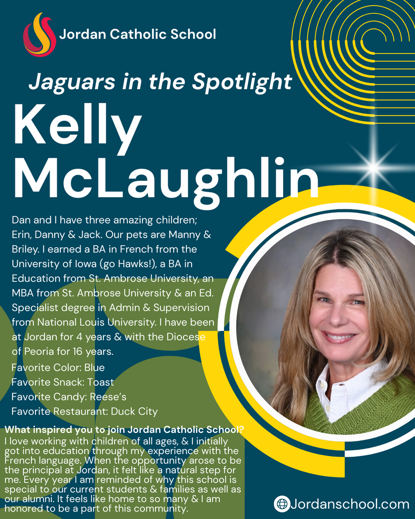 blue background with yellow accents and a photo of a JCS staff member