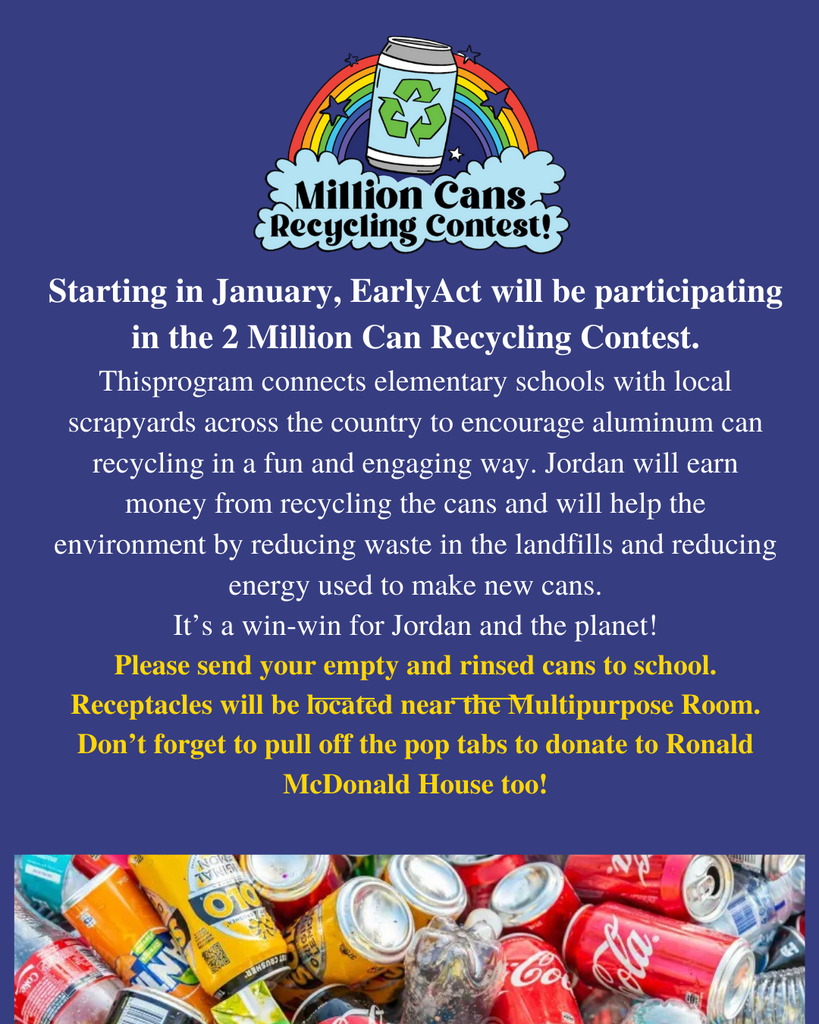 flier announcing Early Act Club is collecting pop cans for the 2 Million Can Challenge