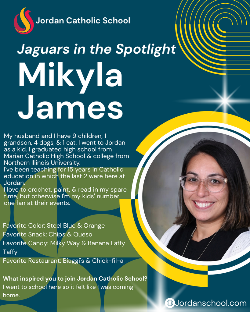 blue background with yellow accents and a photo of a JCS staff member