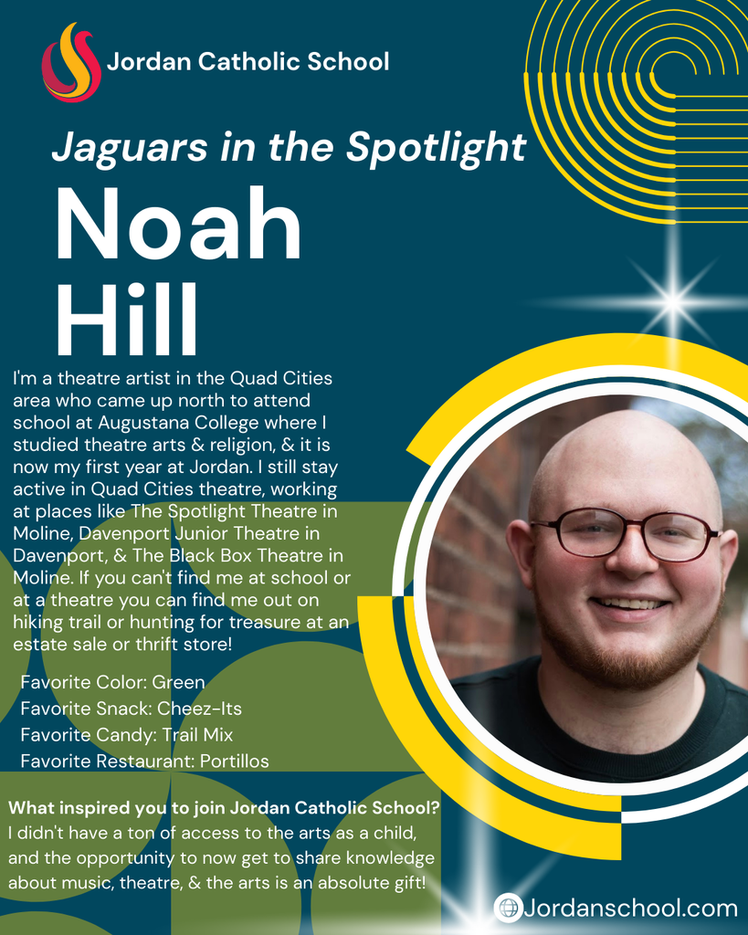 blue background with yellow accents and a photo of a JCS staff member