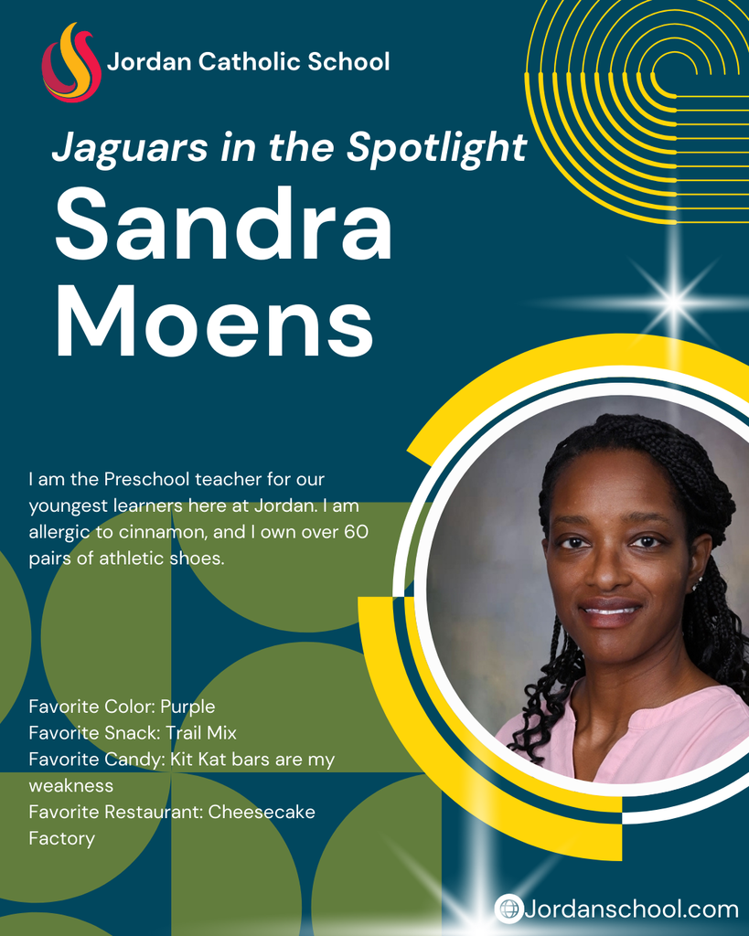 blue background with yellow accents and a photo of a JCS staff member