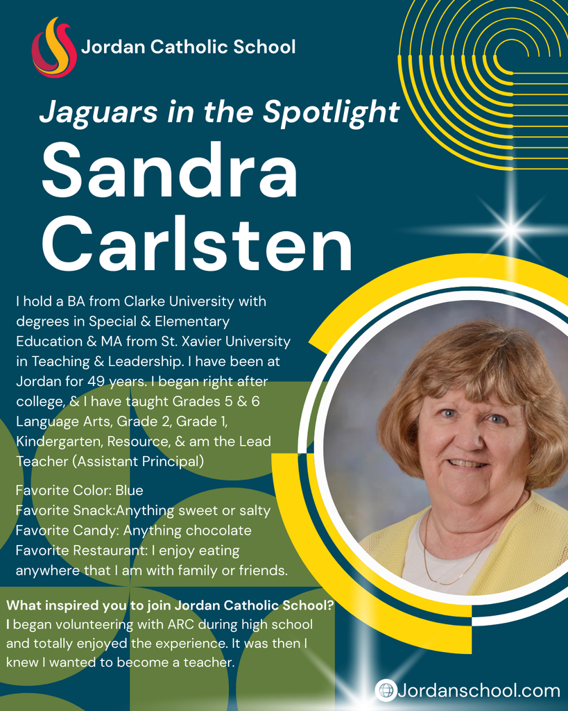 blue background with yellow accents and a photo of a JCS staff member