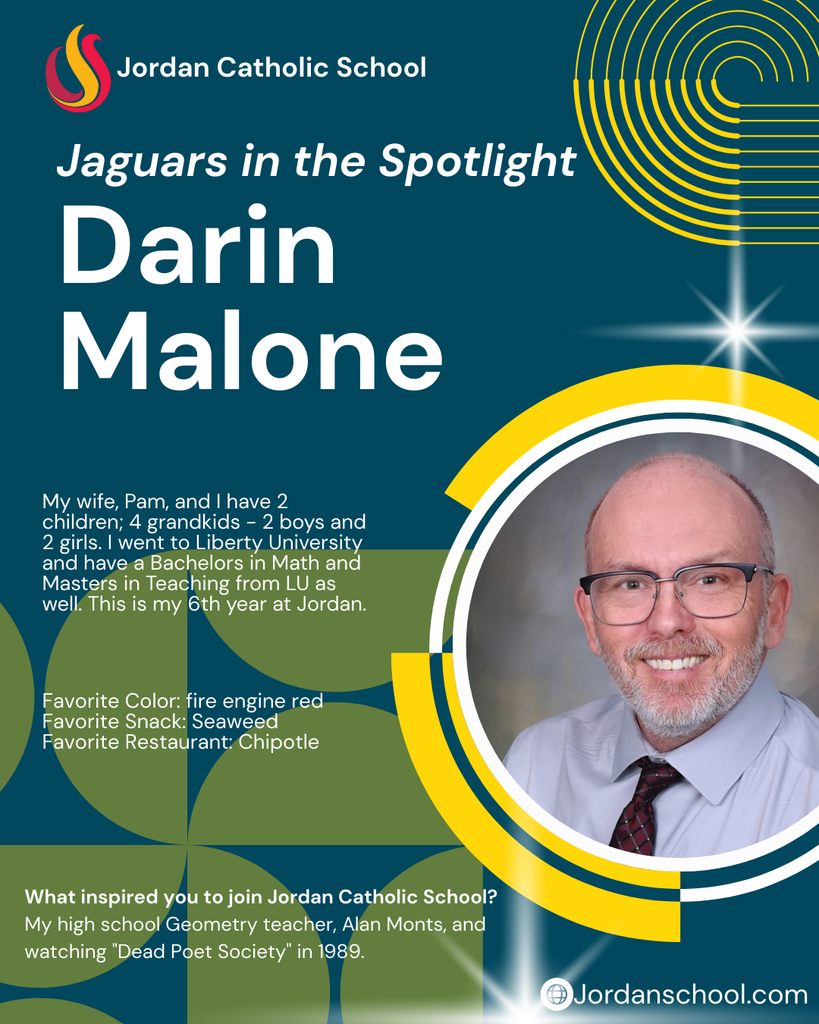 blue background with yellow accents and a photo of a JCS staff member