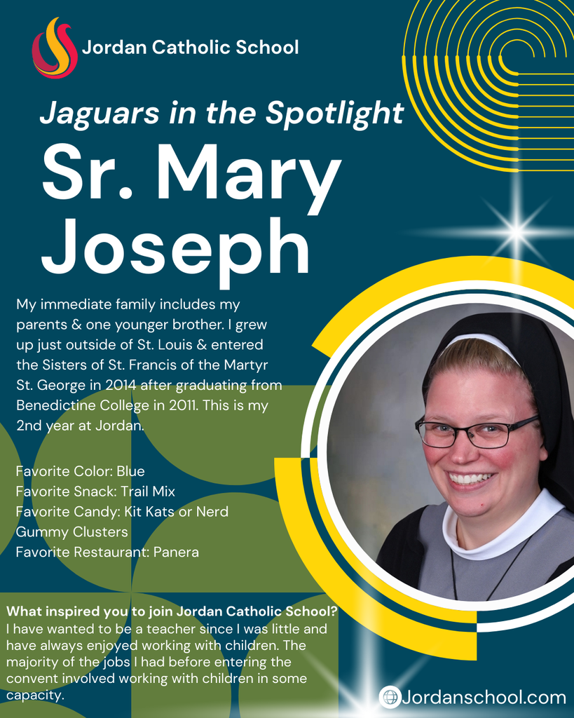 blue background with yellow accents and a photo of a JCS staff member