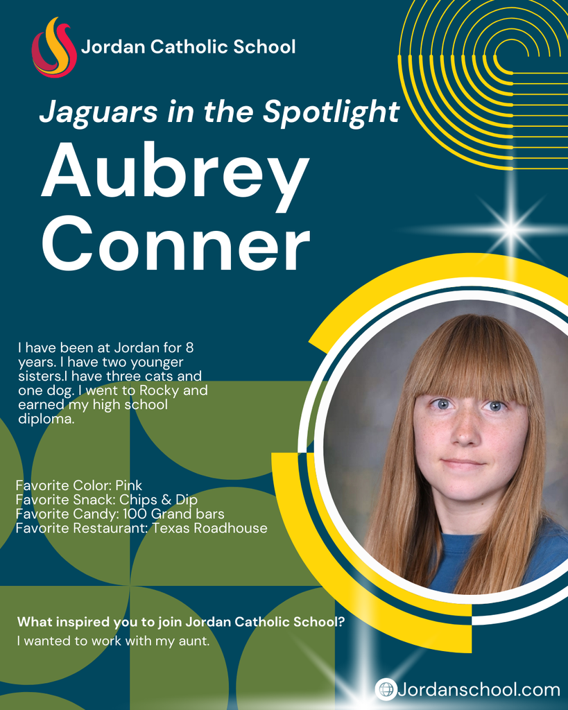 blue background with yellow accents and a photo of a JCS staff member