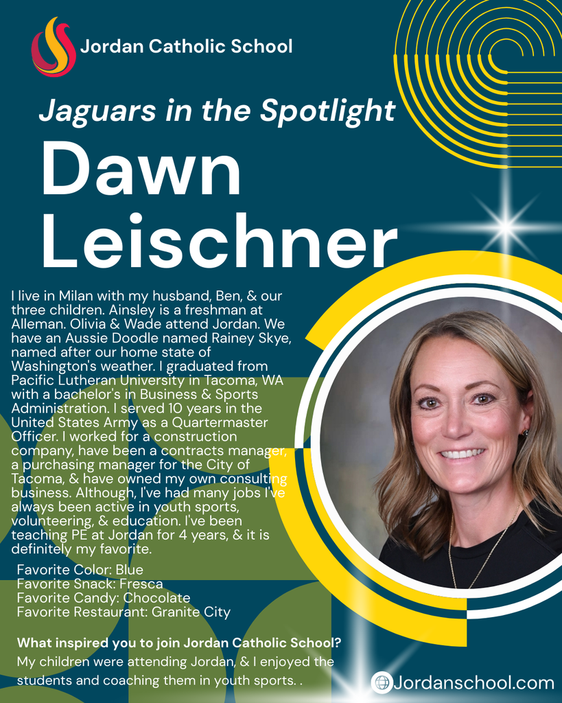 blue background with yellow accents and a photo of a JCS staff member