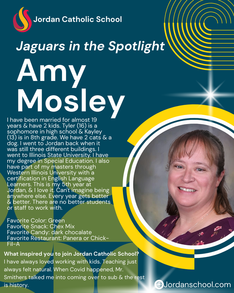 blue background with yellow accents and a photo of a JCS staff member