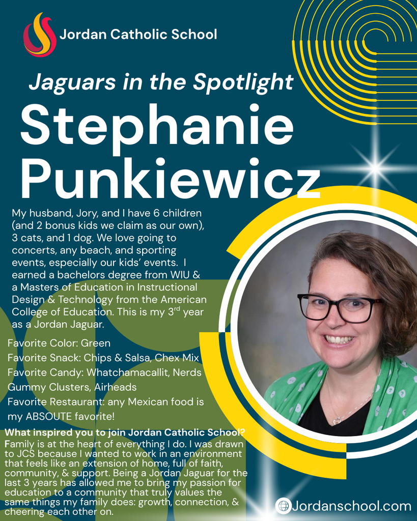 blue background with yellow accents and a photo of a JCS staff member