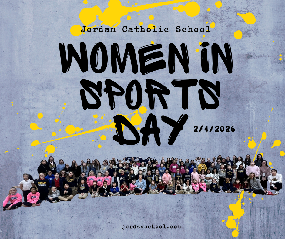 blue background with yellow splats Women in Sports Day with group photo  of student athletes