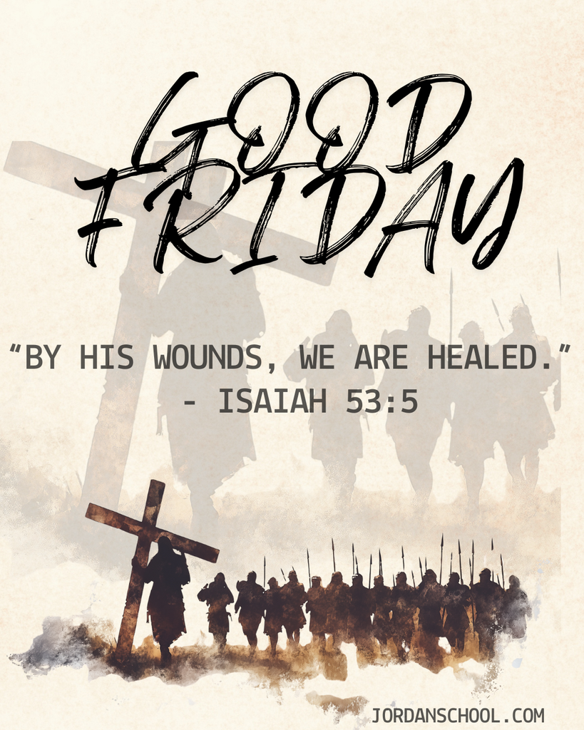 graphic image of Jesus with the cross being followed by soldiers with spears on a tan background