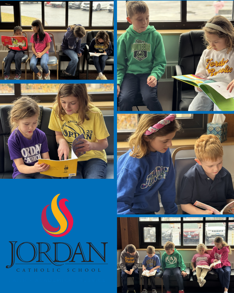 photo collage of 5th graders reading with Kindergarten students; jordan logo bottom left corner