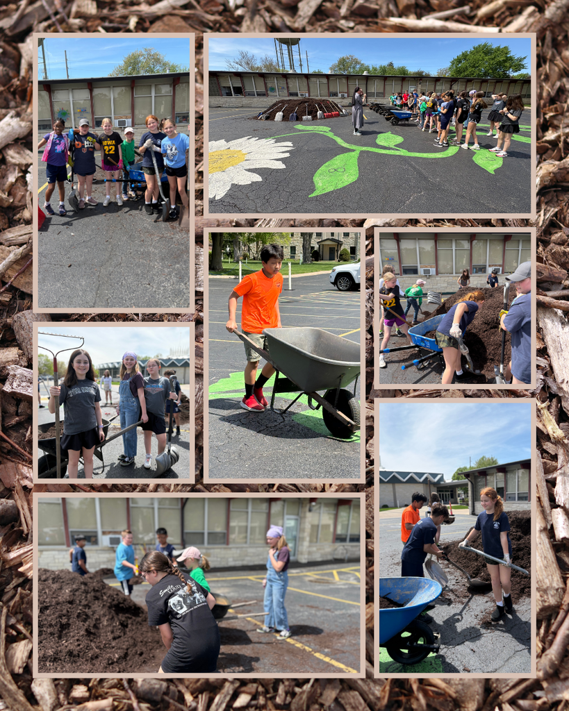 photo collage of students spreading mulch around the school property