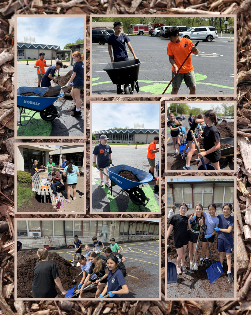 photo collage of students spreading mulch around the school property