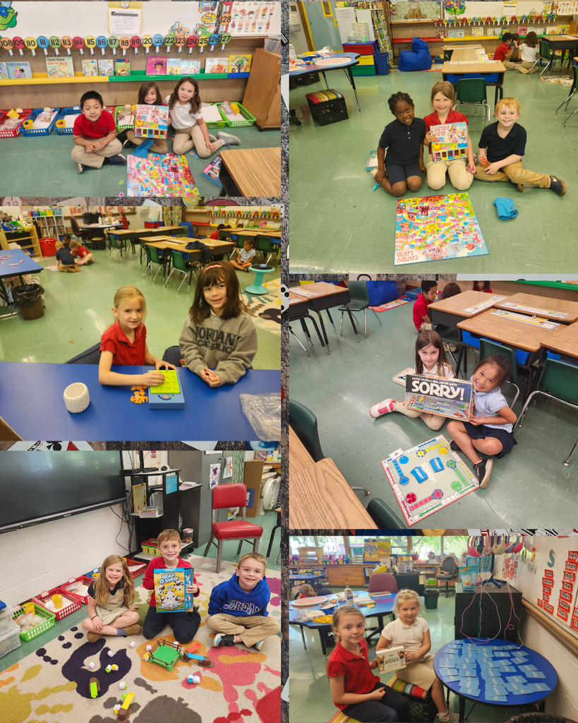 photo collage of kindergarten students playing board games throughout a classroom