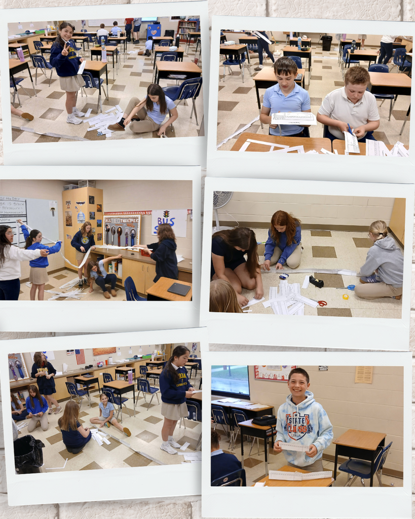 photo collage of students working in groups to create paper walls in a classroom