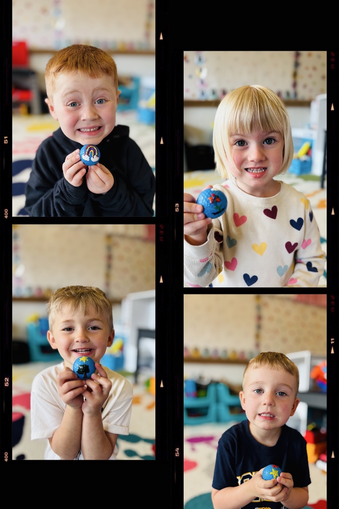 photo collage of students holding hand decorated golf balls
