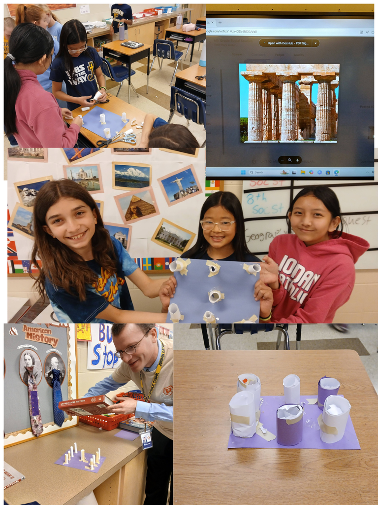 photo collage of students building towers meant to hold up text books