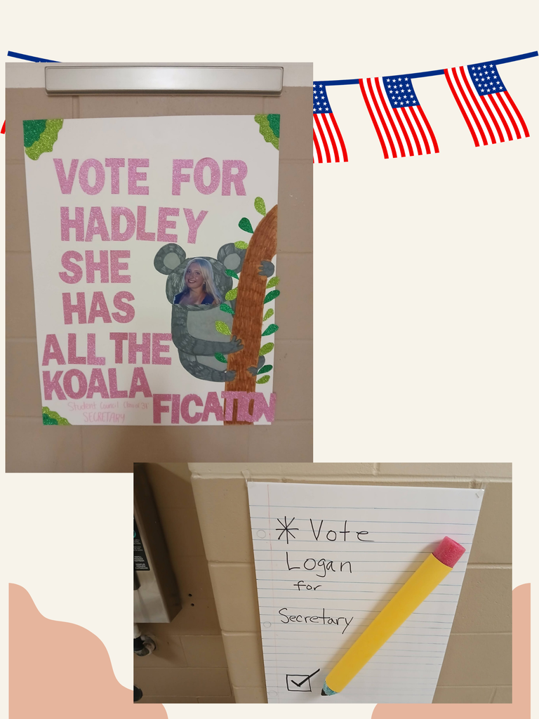 A collage showing two student council campaign posters. Top poster: Features sparkly pink lettering and green glitter leafy accents reading "VOTE FOR HADLEY SHE HAS ALL THE KOALA-FICATIONS". A cartoon koala climbing a brown tree trunk has a portrait cutout of a smiling female student placed over its face, with smaller text at the bottom reading "Student Council Class of '31 Secretary". Bottom poster: Designed to look like a giant sheet of lined notebook paper with a 3D yellow pencil and pink eraser resting on top, reading "* Vote Logan for Secretary" next to a checked box.