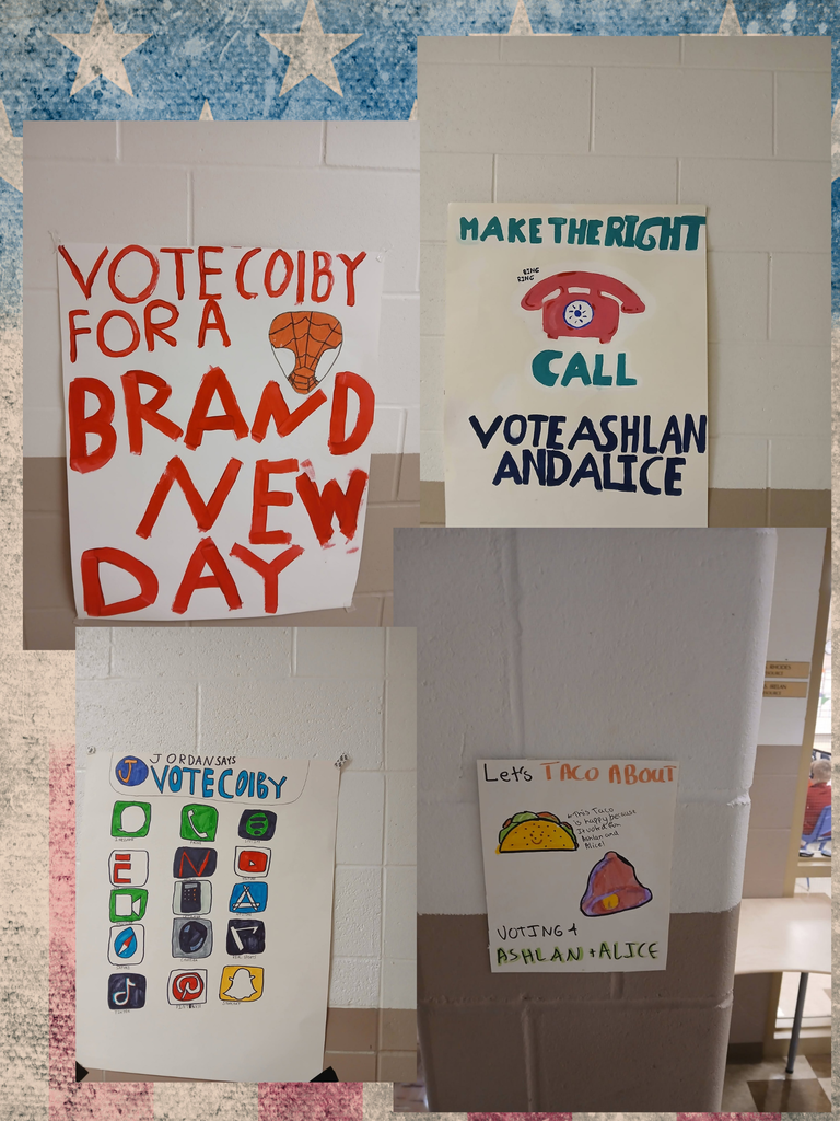 A collage showing four creative student campaign posters hanging on cinderblock walls. Top left poster: Red hand-painted text reads "VOTE COLBY FOR A BRAND NEW DAY" featuring an illustration of Spider-Man's mask. Top right poster: Teal and navy text states "MAKE THE RIGHT CALL VOTE ASHLAN AND ALICE" above a red rotary telephone graphic with "RING RING" written near the earpiece. Bottom left poster: Mimics a smartphone home screen titled "JORDAN SAYS VOTE COLBY" with hand-drawn app icons including Messages, Phone, Spotify, Netflix, YouTube, FaceTime, Camera, App Store, Safari, TikTok, Pinterest, and Snapchat. Bottom right poster: Features a drawing of a smiling taco and a bell, reading "Let's TACO ABOUT VOTING 4 ASHLAN + ALICE" with a small note stating "This taco is happy because it voted for Ashlan and Alice!"