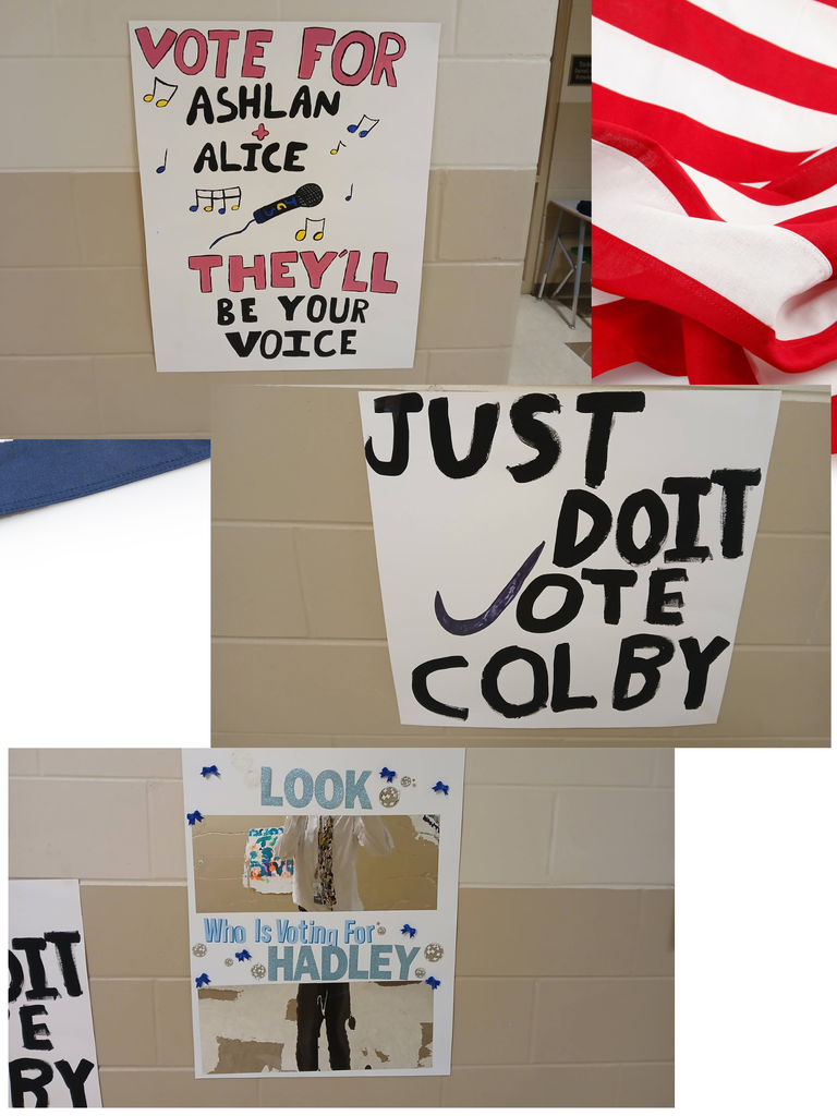 A collage of three student election posters attached to tiled school walls. Top poster: Features pink and black text reading "VOTE FOR ASHLAN + ALICE" surrounded by musical notes and an illustration of a microphone with yellow and blue sound waves, followed by "THEY'LL BE YOUR VOICE" in bold block letters. Middle poster: Displays thick black lettering stating "JUST DO IT VOTE COLBY" with a large purple check mark serving as the "V" in "VOTE". Bottom poster: Decorated with blue glitter bow accents and disco ball cutouts, reading "LOOK Who Is Voting For HADLEY" with a small mirror mounted in the center reflecting a student wearing a patterned tie and dark pants.