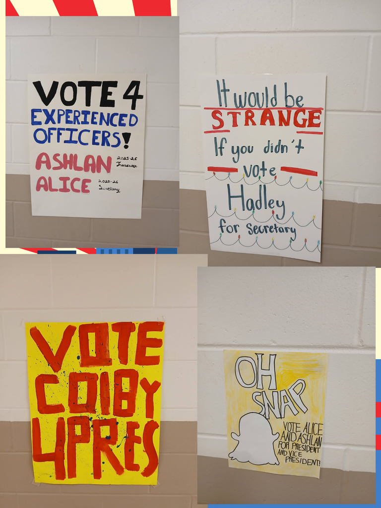 A collage of four student election posters displaying various pop culture themes. Top left poster: Bold black, blue, and pink text reads "VOTE 4 EXPERIENCED OFFICERS! ASHLAN 2025-26 Treasurer, ALICE 2025-26 Secretary". Top right poster: Styled after the Stranger Things logo, it features red underline accents and drawn Christmas lights, reading "It would be STRANGE If you didn't vote Hadley for Secretary". Bottom left poster: Bright yellow background with distressed red spray-painted lettering reading "VOTE COLBY 4 PRES". Bottom right poster: Features a hand-drawn Snapchat ghost icon on a yellow background with text above and beside it reading "OH SNAP VOTE ALICE AND ASHLAN FOR PRESIDENT AND VICE PRESIDENT!".