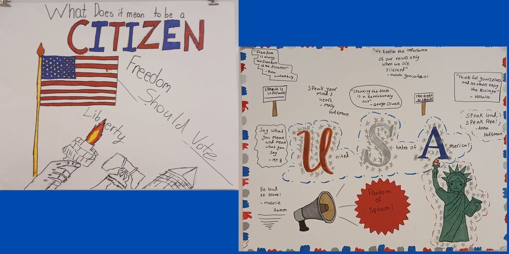 A side-by-side collage of two hand-drawn posters about American citizenship on a blue background. Left Poster: Reads "What Does it mean to be a CITIZEN" with "CITIZEN" written in large red and blue letters. Below the title, the words "Freedom," "Liberty," and "Should Vote" surround a drawing of an American flag, the Statue of Liberty's torch, hands holding documents, and the Supreme Court building. Right Poster: Features "U S A" in large patterned letters, flanked by quotes about free speech from figures like Rosa Luxemburg, Malala Yousafzai, George Orwell, Voltaire, and local students. The bottom includes an illustration of a megaphone pointing to a red explosion bubble labeled "Freedom of Speech!" next to a drawing of the Statue of Liberty.