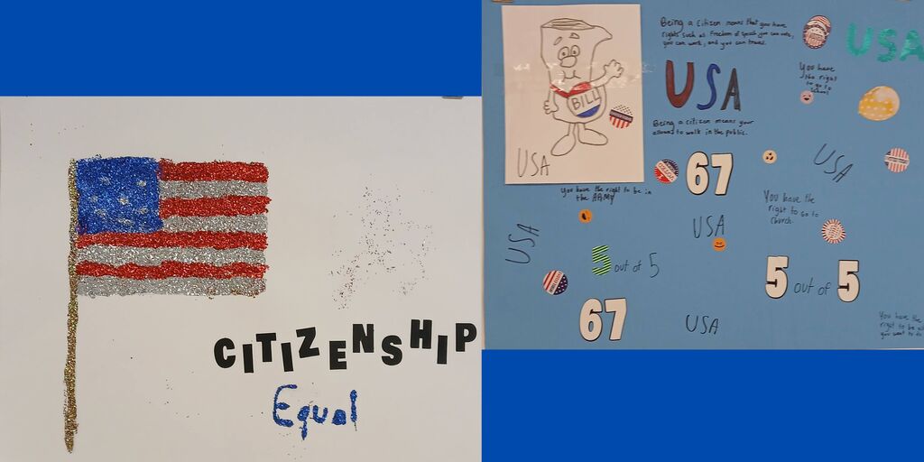 A side-by-side collage of two student poster projects about civic responsibility. Left Poster: Displays a glitter-adorned American flag mounted on a golden flagpole, set against a plain background with the words "CITIZENSHIP" in black block letters above "Equal" in blue handwriting. Right Poster: Features a blue background with a cartoon character of the "Bill" of Rights at the top left. Handwritten notes detail rights like "Freedom of speech," "you can vote," "right to go to school," and "right to be in the army," scattered alongside sticker accents, the number "67," ratings like "5 out of 5," and the letters "USA."