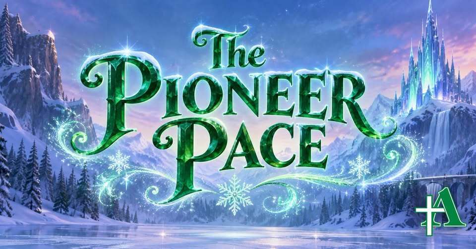The image features the title text "The Pioneer Pace" written in an ornate, emerald-green, metallic font decorated with snow and swirling magical light. The background depicts a winter fantasy landscape with snow-covered pine trees, rugged mountains, a frozen lake in the foreground, and a glowing, pointed ice castle towering in the upper right. In the bottom-right corner, a green stylized letter "A" overlaid with a white cross serves as a logo.