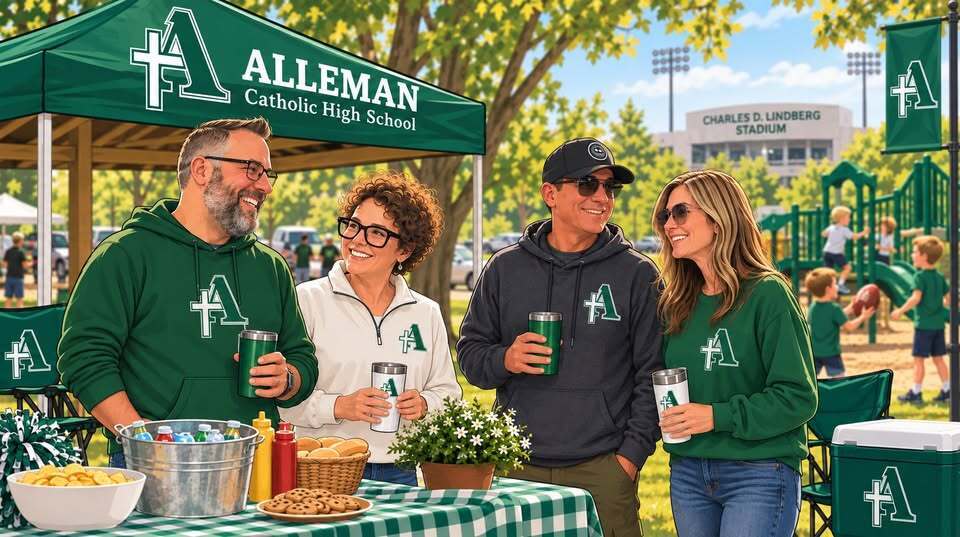 An AI-generated graphic depicting a tailgating scene for Alleman Catholic High School. Under a green pop-up canopy printed with the school's name and cross logo, two men and two women stand together smiling and chatting, each holding branded travel tumblers. They are wearing green, white, and dark gray hoodies and sweatshirts featuring the school’s stylized "A" logo. In the foreground, a picnic table covered in a green plaid tablecloth holds snacks, drinks in an ice bucket, and a potted plant. In the sunny background, children play on a playground, and "Charles D. Lindberg Stadium" is visible under a bright sky.