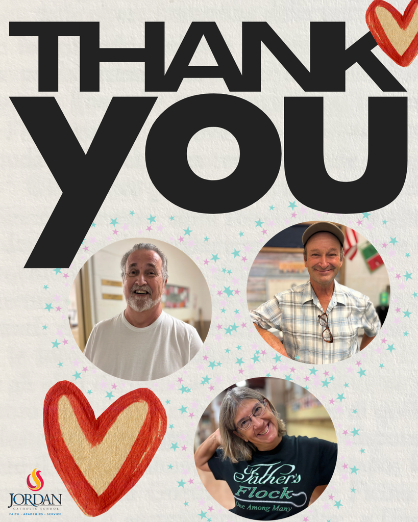 An appreciation graphic featuring large black text reading "THANK YOU" across the top, flanked by a hand-drawn red and tan heart in the upper right corner. In the center are three circular photo cutouts of Jordan Catholic School custodial staff members: a smiling man with graying hair and a goatee in a white shirt, a smiling man in a plaid shirt and cap with glasses tucked into his shirt, and a smiling woman with glasses leaning in wearing a shirt that says "Father's Flock". Small light blue and pink stars are scattered around the photos. A large red hand-drawn heart sits in the lower left next to the Jordan Catholic School logo, which includes the motto "FAITH • ACADEMICS • SERVICE"