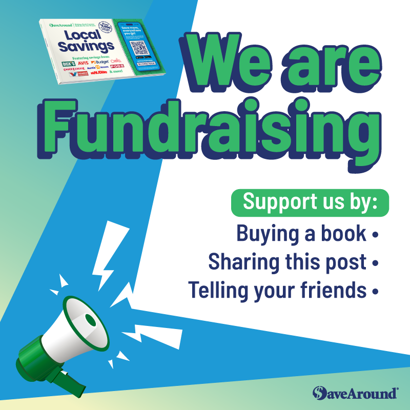 A promotional graphic for a SaveAround fundraiser featuring a teal, dark blue, and white color scheme.   Top Left: A SaveAround "Local Savings" coupon book displaying partner brand logos like Dick's, Avis, Budget, Carvel, Chuck E. Cheese, Auntie Anne's, PODS, Valvoline, and Papa Johns.   Top Right: Bold green text with dark blue outlines reading "We are Fundraising".   Bottom Left: A green and white megaphone surrounded by stylized white energy/sound waves set against a blue diagonal backdrop.   Bottom Right: A green pill-shaped badge containing the text "Support us by:" followed by three dark blue bullet points:Buying a book •   Sharing this post •   Telling your friends •   Bottom Right Corner: The SaveAround logo in dark blue text.