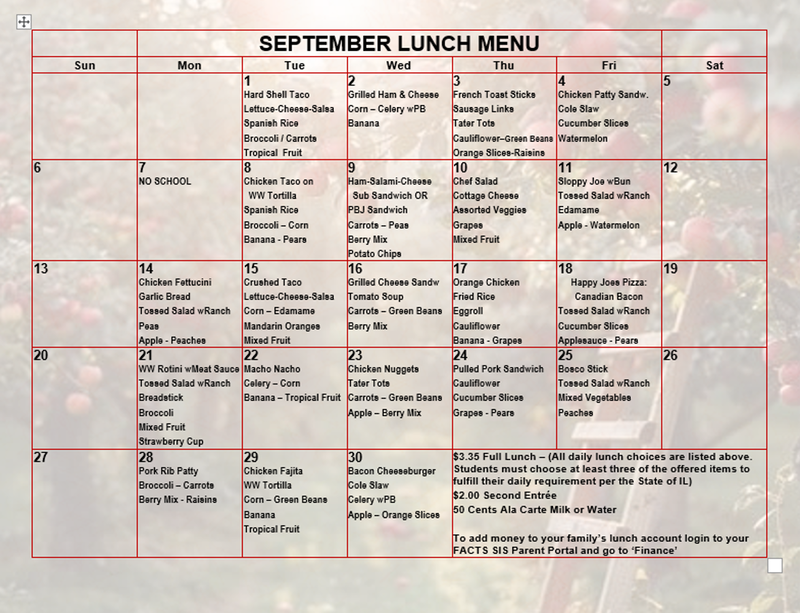 September lunch calendar