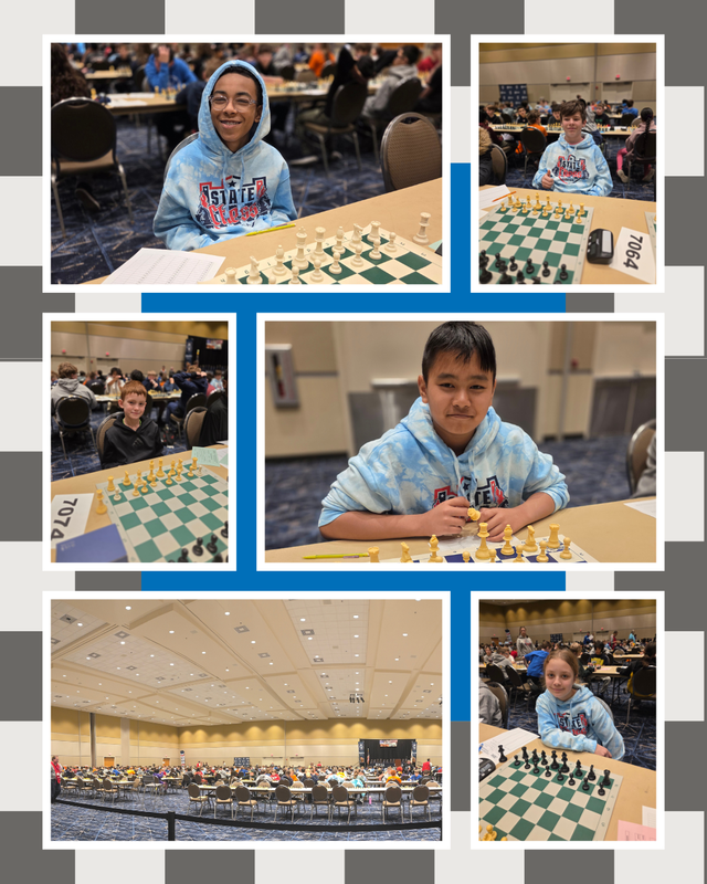 photo collage of chess team players with chess boards