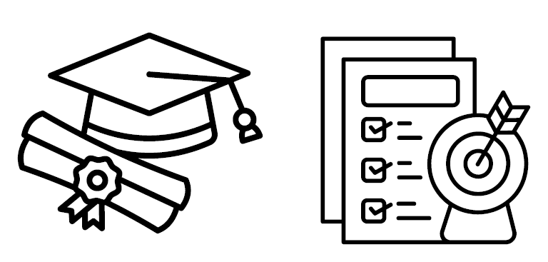 2 graphics: 1. graduation cap & rolled diploma 2. papers with bullseye