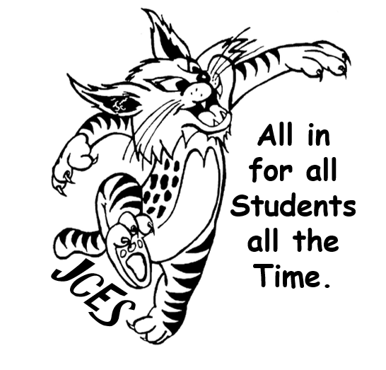 Cartoon picture of the JCES Wildcat. Text says "All in for all Students all the Time."